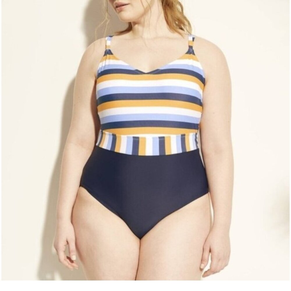 Kona Sol Blue Yellow Stripe Plus Size Hipster One Piece Bathing Suit Size 20W